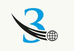 brief 3 wereld logo concept met in beweging globaal icoon vector sjabloon