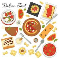 Italiaans keuken van Europese land, menu met pasta, pizza en desserts. geserveerd snoepgoed, snacks en gebakjes met room, vector in vlak stijl