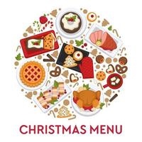 Kerstmis menu voor viering tafel, voedingsmiddelen gerechten vector