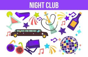 nacht club feesten elementen limo en hookah disco bal vector