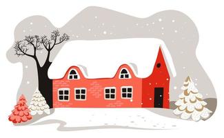 huis met op het dak gedekt met sneeuw, winter landschap vector