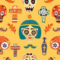 dia de los muertos, schedels en kruisen naadloos patroon vector