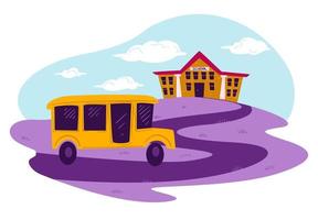 school- bus rijden naar beneden pad naar gebouw vector