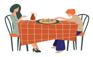 vrouw vrienden aan het eten pizza in Italiaans restaurant vector