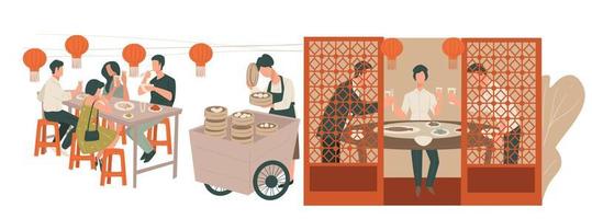 mensen aan het eten en pratend in Chinese restaurant vector