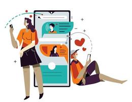 ver weg relatie, vriendje en vriendin chatten via smartphone vector
