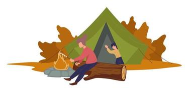camping mensen door vreugdevuur, karakter in tent en bladeren vector