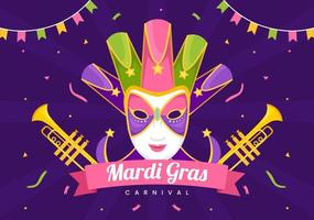mardi gras carnaval partij illustratie met masker, veren en item festival voor web banier of landen bladzijde in vlak tekenfilm hand- getrokken Sjablonen vector