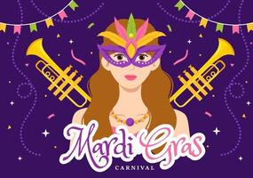 mardi gras carnaval partij illustratie met masker, veren en item festival voor web banier of landen bladzijde in vlak tekenfilm hand- getrokken Sjablonen vector