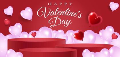Valentijnsdag achtergrond met productvertoning en hartvormige ballonnen. vector
