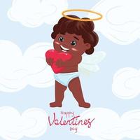 zwart Cupido knuffelen een hart in de de hemel. schattig Cupido in wolken Holding een rood hart. gelukkig valentijnsdag dag illustratie. vector