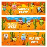 wild west partij banier met tekenfilm cowboy vitamine vector