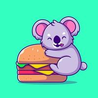 schattige koala met grote hamburger cartoon vector pictogram illustratie. dierlijk voedsel pictogram concept geïsoleerde premium vector. platte cartoonstijl