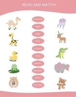lezen en bij elkaar passen werkblad spel. Engels alfabet met tekenfilm dieren set. bij elkaar passen woorden met afbeeldingen gebruik makend van grappig dieren sets voor kinderen. vector illustratie.