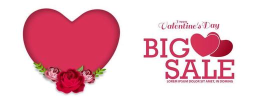 Valentijnsdag dag groot uitverkoop aanbod poster, banier sjabloon. rood hart met roos bloemen. reclame en boodschappen doen sjabloon. vector illustratie