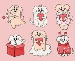 romantisch honden. verzameling schattig huisdieren met hart, in geschenk doos en grappig gevleugeld puppy Cupido met pijl en boog Aan wolk. vector illustratie in kleur tekening stijl. geïsoleerd grappig dieren .