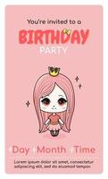 gelukkig verjaardag verticaal uitnodiging kaart met tekenfilm kawaii anime meisje. vector illustratie voor vieren datum geboorte. web of afdrukken ontwerp.