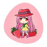 schattig en kawaii meisje met roze haar. gelukkig manga chibi meisje met aardbeien. vector illustratie. allemaal voorwerpen zijn geïsoleerd. kunst voor afdrukken, dekt, posters en ieder gebruiken.