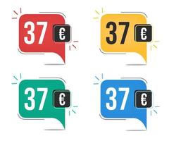 37 euro prijs. geel, rood, blauw en groen valuta tags met toespraak ballon concept. vector