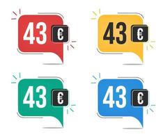 43 euro prijs. geel, rood, blauw en groen valuta tags met toespraak ballon concept. vector