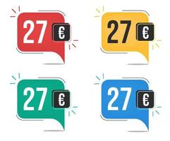 27 euro prijs. geel, rood, blauw en groen valuta tags met ballon concept. vector