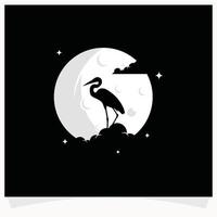 reiger silhouet met maan achtergrond logo ontwerp sjabloon vector