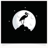 reiger silhouet met maan achtergrond logo ontwerp sjabloon vector