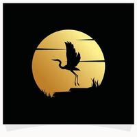 reiger silhouet met maan achtergrond logo ontwerp sjabloon vector