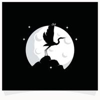 reiger silhouet met maan achtergrond logo ontwerp sjabloon vector