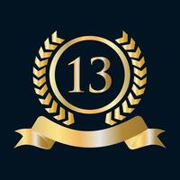 13e verjaardag viering goud en zwart sjabloon. luxe stijl goud heraldisch kam logo element wijnoogst laurier vector