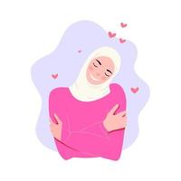 gelukkig moslim vrouw in hijab knuffelen haarzelf. liefde jezelf. zelf zorg. mooi moslim vrouw knuffels haarzelf. eigenliefde concept. zelf aanvaarding vector