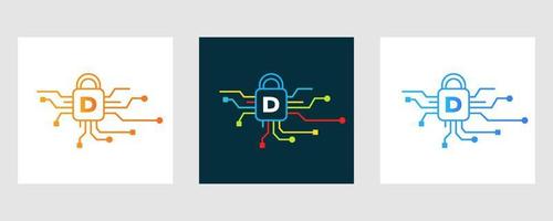 brief d cyber veiligheid logo. internet veiligheid teken, cyber bescherming, technologie, biotechnologie symbool vector