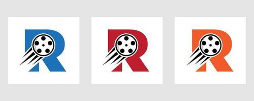 brief r film logo concept met film haspel voor media teken, film regisseur symbool vector