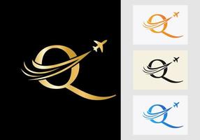 brief q reizen logo concept met vliegend lucht vlak symbool vector