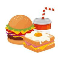 heerlijke hamburger met sandwich en drankje fastfood-pictogram vector