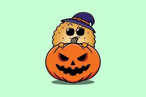 schattig koekjes tekenfilm schuilplaats in pompoen halloween vector