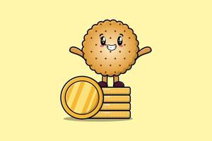 schattig tekenfilm koekjes staand in gestapeld goud munt vector