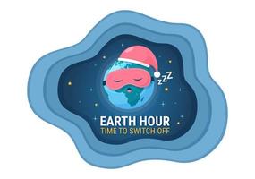 gelukkig aarde uur dag illustratie met gloeilamp, wereld kaart en tijd naar beurt uit in vlak slaap tekenfilm hand- getrokken landen bladzijde Sjablonen vector