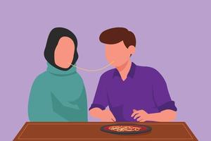 karakter vlak tekening gelukkig Arabisch paar hebben romantisch datum in restaurant aan het eten pasta samen. Mens en vrouw genieten van romance in cafe. vieren jubilea. tekenfilm ontwerp vector illustratie