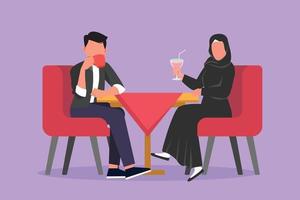 tekenfilm vlak stijl tekening Arabisch paar zittend en drinken koffie of milkshake. Mens en vrouw hebben romantisch avondeten in cafe. vieren verjaardag Bij restaurant. grafisch ontwerp vector illustratie