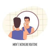 huidsverzorging routine- concept. Mens toepassen gezicht room in badkamer. gelukkig jong vent op zoek Bij spiegel vector