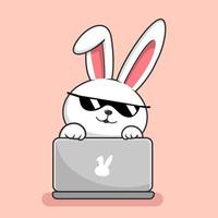 schattig konijn spelen laptop tekenfilm - konijn schuilplaats achter laptop koel met zonnebril vector