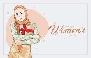 vrouw dag. jong vrouw in hijab gelukkig met geschenk doos vector illustratie pro downloaden