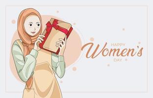 vrouw dag. glimlachen jong vrouw in hijab met geschenk doos vector illustratie pro downloaden