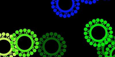 donkerblauwe, groene vectorachtergrond met covid-19 symbolen. vector