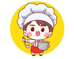 schattige bakkerij chef-kok jongen koken lachende cartoon kunst illustratie vector