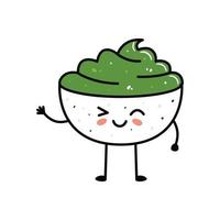 kawaii sushi mascotte in tekenfilm stijl. schattig wasabi kom voor menu vector