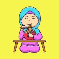 schattig meisje Moslim aan het eten ramen noodle tekenfilm vector pictogrammen illustratie. vlak tekenfilm concept. geschikt voor ieder creatief project.