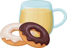 thee met donuts. heet thee met zoet nagerecht. chocola en room donuts met een kop van thee. vector illustratie