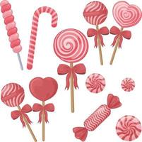 een helder reeks bestaande van rood en roze lolly en snoepgoed. lolly van divers vormen en maten. Kerstmis snoepgoed. vakantie snoepjes. vector illustratie